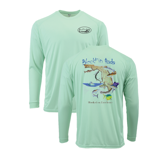 Two sided, Dri-fit, UPF 50, long sleeve surf shirt with Blackfin logo on front and Florida map on back. Green front and back