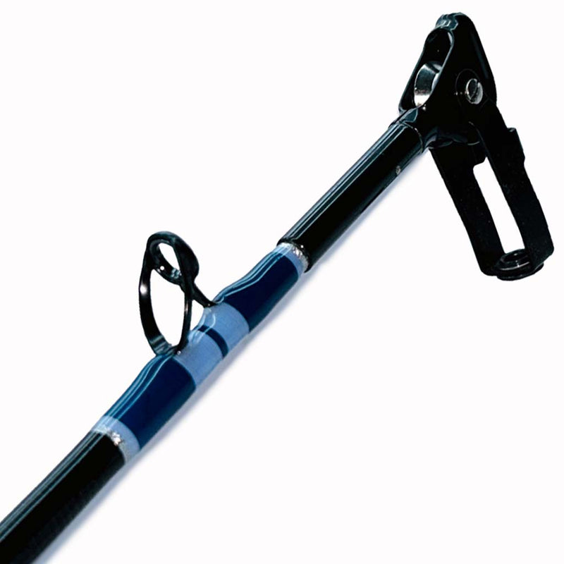 Load image into Gallery viewer, Comparable to our Blackfin Fin 184 50# Wire Line. This rod comes complete with foam grips, AFTCO swivel top, blacked out guides and a size 2 AFTCO collet and ferrule. Aftco swilvel top is shown, along with first eyelet. Dark blue and light blue with silver trims is the guide wrap. 
