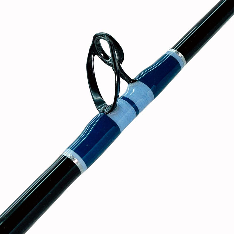 Load image into Gallery viewer, Comparable to our Blackfin Fin 184 50# Wire Line. This rod comes complete with foam grips, AFTCO swivel top, blacked out guides and a size 2 AFTCO collet and ferrule. Bottom eyelet shown. Dark and light blue with silver trims is the guide wrap. Blank is black. 
