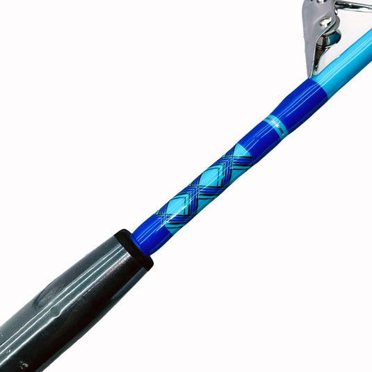 Comparable to our Fin 177 just a few inches shorter. This rod comes complete with AFTCO Swivel Top, AFTCO heavy duty guides, EVA grip, and a size 4 AFTCO Collet and Ferrule. Butt wrap is showing. Simple diamond pattern, metallic blue, light blue, silver and blue are the colors. Partial Foam grip showing. 