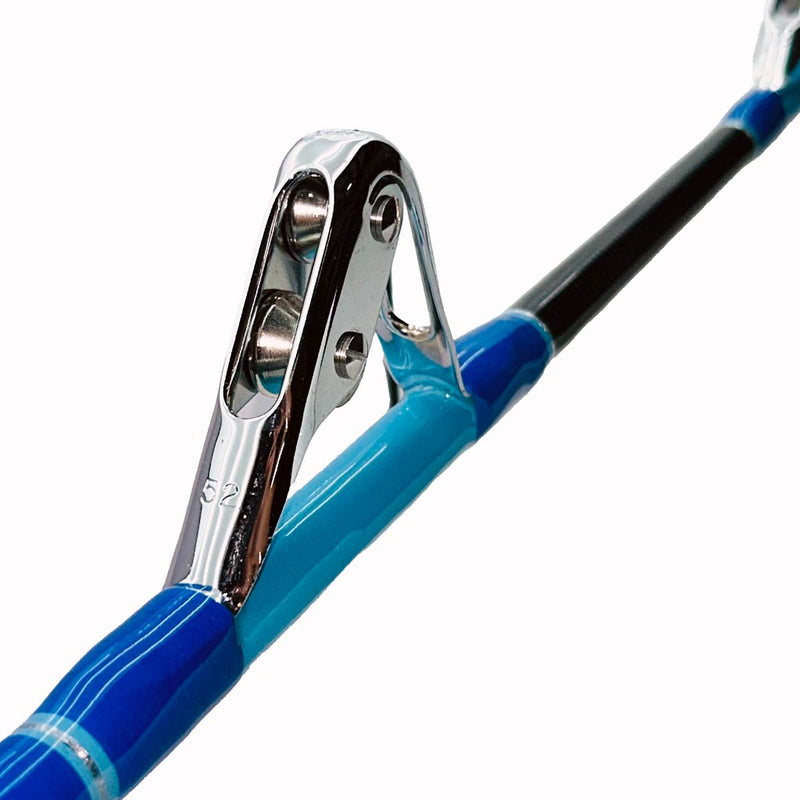 Load image into Gallery viewer, Comparable to our Fin 177 just a few inches shorter. This rod comes complete with AFTCO Swivel Top, AFTCO heavy duty guides, EVA grip, and a size 4 AFTCO Collet and Ferrule. Size 52 Aftco roller guide showing. Guide wrap is Light blue and blue with silver trims. 
