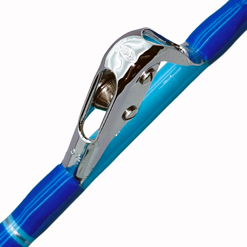 Load image into Gallery viewer, Comparable to our Fin 177 just a few inches shorter. This rod comes complete with AFTCO Swivel Top, AFTCO heavy duty guides, EVA grip, and a size 4 AFTCO Collet and Ferrule. Blue and light blue with silver trims guide wrap partially showing. Size 52 Aftco roller guide showing with AFTCO logo. 
