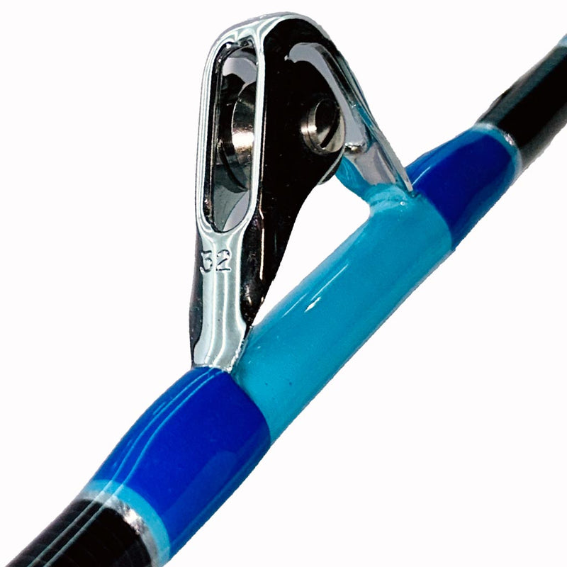 Load image into Gallery viewer, Comparable to our Fin 177 just a few inches shorter. This rod comes complete with AFTCO Swivel Top, AFTCO heavy duty guides, EVA grip, and a size 4 AFTCO Collet and Ferrule. Showing blue and light blue with silver trims guide wrap, and Size 32 Aftco roller guide in silver. 
