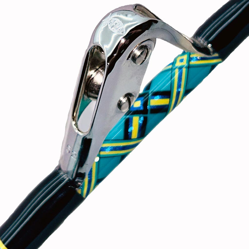 Load image into Gallery viewer, Comparable to our Fin 177 just a few inches shorter. This rod comes complete with AFTCO Swivel Top, AFTCO heavy duty guides, EVA grip, and a size 4 AFTCO Collet and Ferrule. Size 52 guide in silver. Partial diamond pattern in guide wrap. Colors are teal, black, yellow, metallic blue. 
