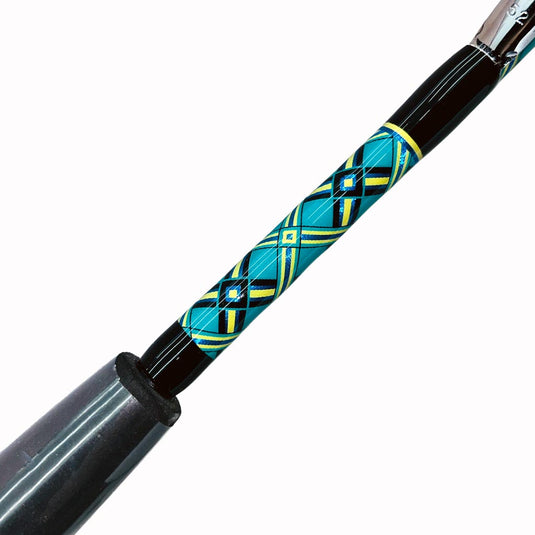 Comparable to our Fin 177 just a few inches shorter. This rod comes complete with AFTCO Swivel Top, AFTCO heavy duty guides, EVA grip, and a size 4 AFTCO Collet and Ferrule. Diamond butt wrap pattern showing. Colors are teal, yellow, black, and metallic blue. Partial foam grip and silver guide showing. 