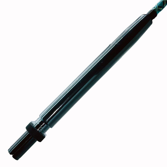 Comparable to our Fin 177 just a few inches shorter. This rod comes complete with AFTCO Swivel Top, AFTCO heavy duty guides, EVA grip, and a size 4 AFTCO Collet and Ferrule. Black collet and ferrule and foam grip showing. 