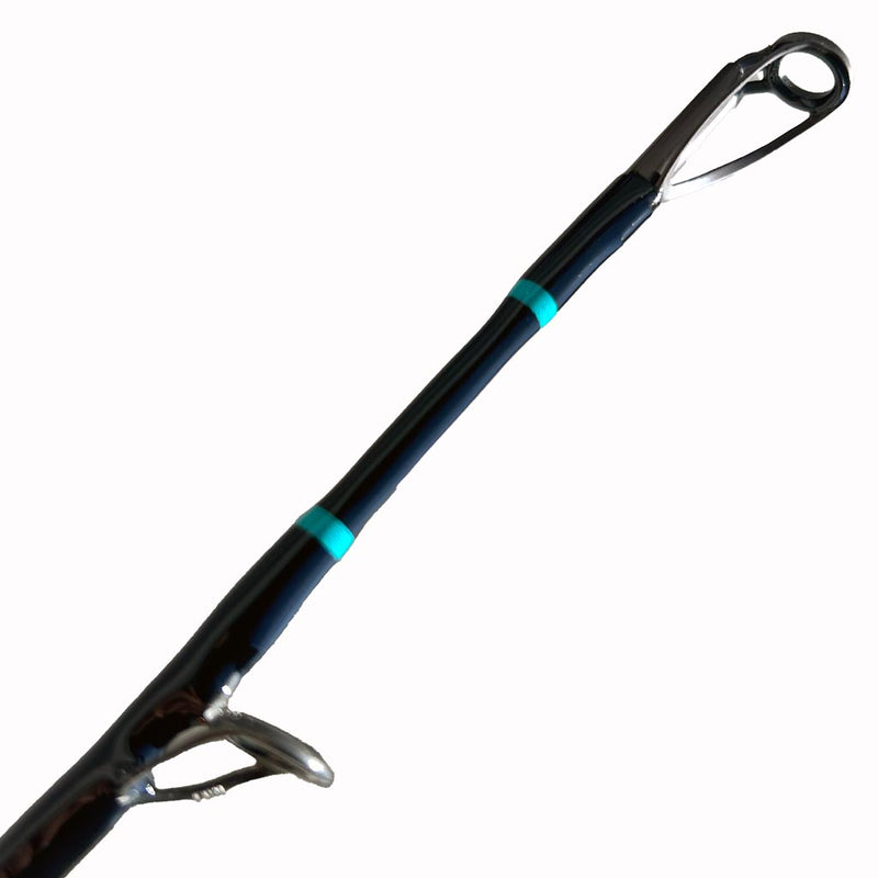 Load image into Gallery viewer, Built like our Fin #21, this spinning rod comes with Fuji alconite guides, EVA foam grips, Fuji reel seat, and metal gimble. Top and first eyelet shown. trims are teal. 
