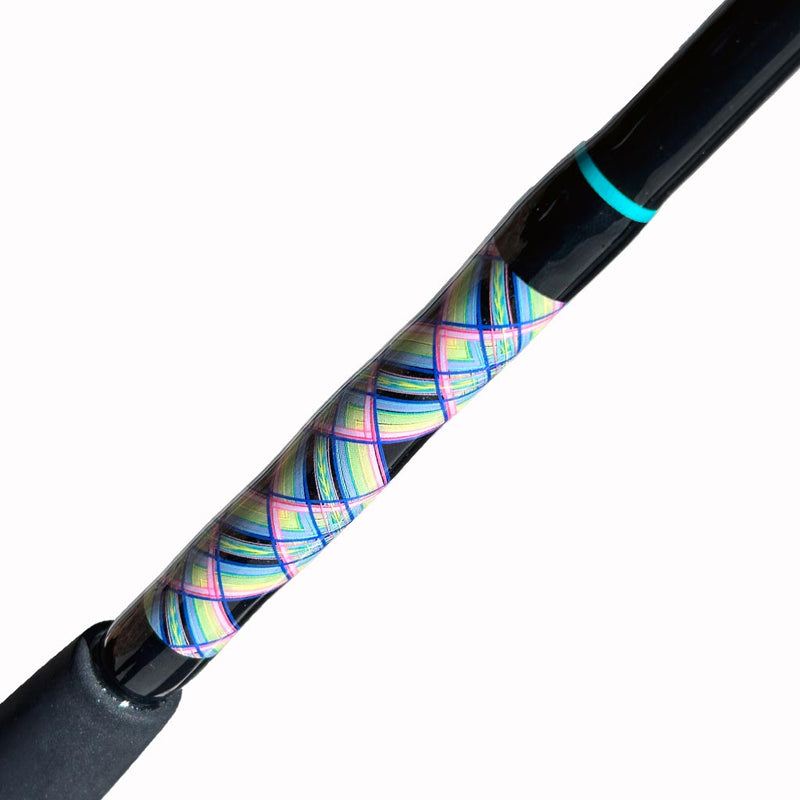 Load image into Gallery viewer, Built like our Fin #21, this spinning rod comes with Fuji alconite guides, EVA foam grips, Fuji reel seat, and metal gimble. Diamond pattern butt wrap shown. Black blank. teal trims at top. Blue, light pink, pink, yellow, light yellow and green are the colors.
