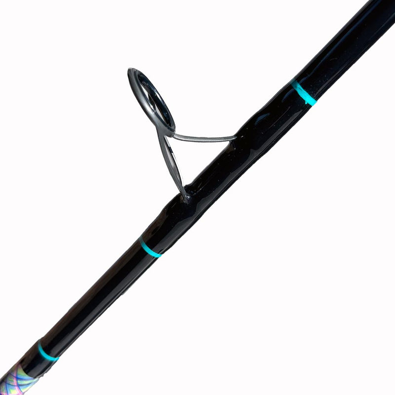 Load image into Gallery viewer, Built like our Fin #21, this spinning rod comes with Fuji alconite guides, EVA foam grips, Fuji reel seat, and metal gimble. Bottom eyelet shown. trims are teal.
