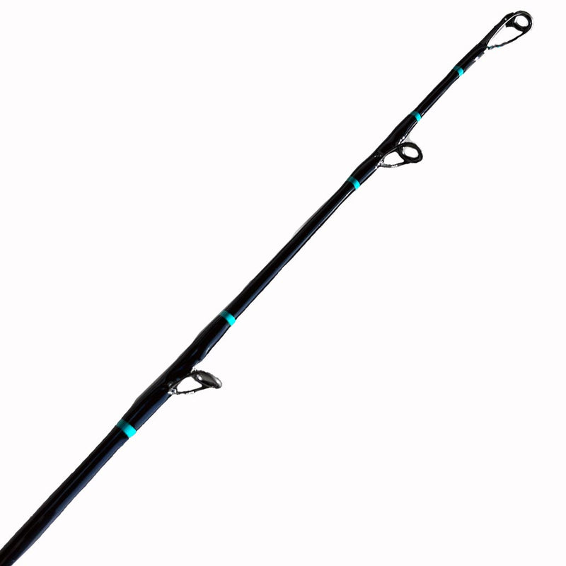 Load image into Gallery viewer, Built like our Fin #21, this spinning rod comes with Fuji alconite guides, EVA foam grips, Fuji reel seat, and metal gimble. Top is shown and first 2 eyelets. Trims are teal. 
