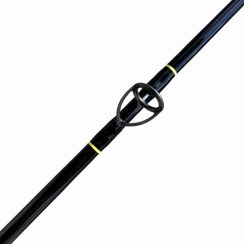 Load image into Gallery viewer, Built like our Fin #18, this spinning rod comes with Fuji alconite guides, EVA foam grips, Fuji reel seat, and metal gimble. Butt Wrap showing. All black blank with yellow trim.  Bottom Eyelet showing forward. 
