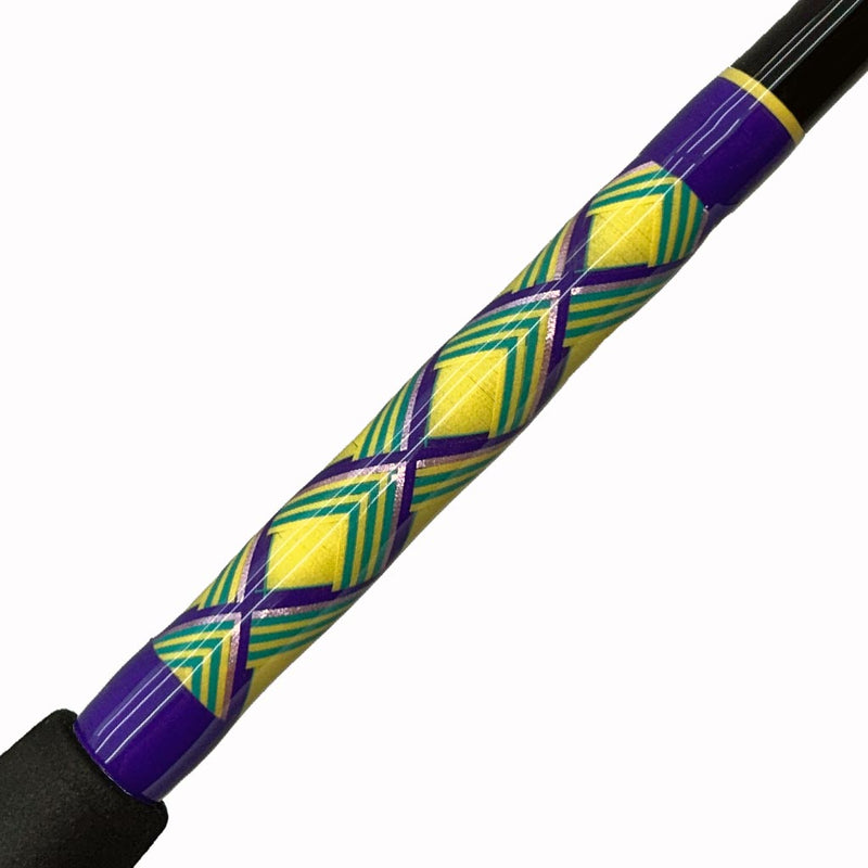 Load image into Gallery viewer, #77 Limited Edition &quot;Seas the Moment&quot; 7&#39;0&quot; 30lb Spinning Rod. Butt wrap and partial black foam grip is showing. Colors: Purple, yellow, metallic purple, and green in a diamond pattern. 
