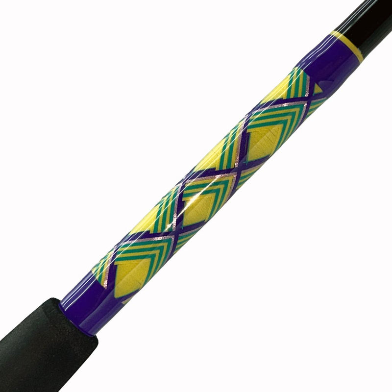 Load image into Gallery viewer, #77 Limited Edition &quot;Seas the Moment&quot; 7&#39;0&quot; 30lb Spinning Rod. Butt wrap and partial black foam grip is shown. Colors: Purple, yellow, metallic purple and green in diamond shape pattern.
