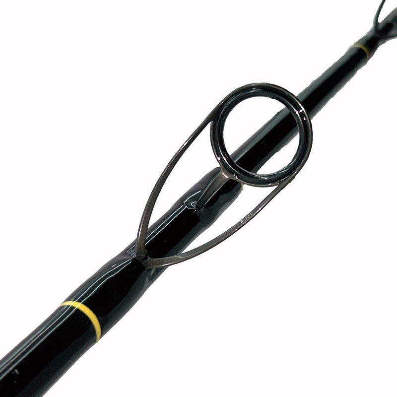 Load image into Gallery viewer, #77 Limited Edition &quot;Seas the Moment&quot; 7&#39;0&quot; 30lb Spinning Rod. Bottom guide is shown from bottom view.  Yellow trims for guide wrap. 
