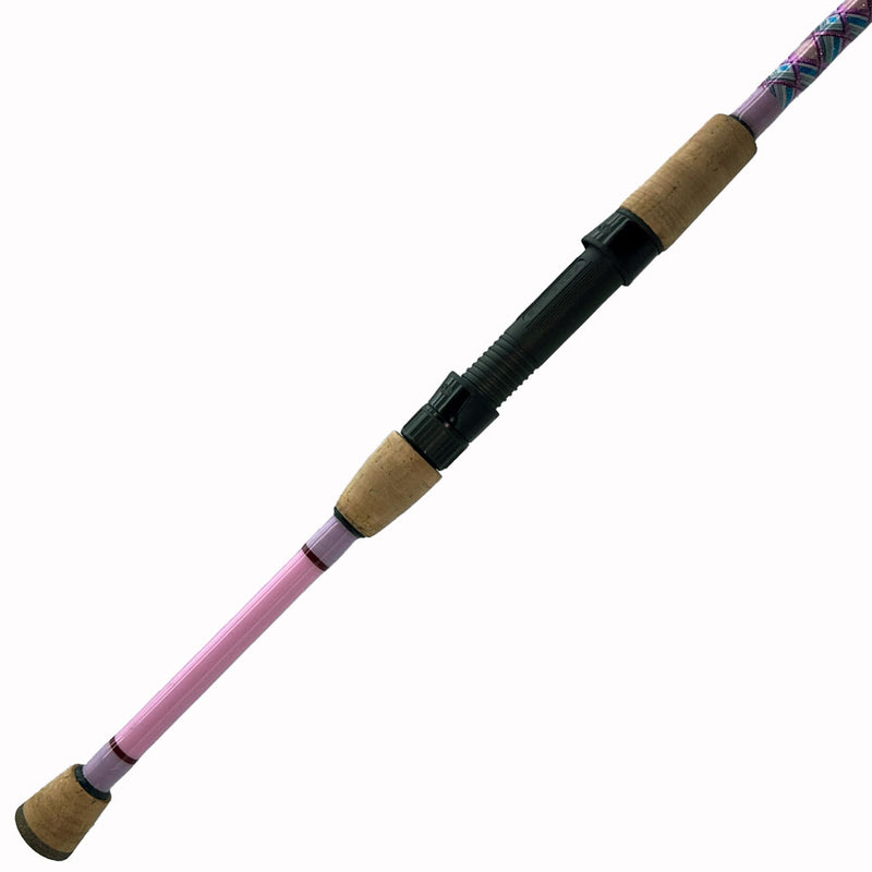 Load image into Gallery viewer, #80 Limited Edition 7&#39;0&quot; 10-17lb Heavy Inshore Rod. Full bottom photo. Split cork grip, reel seat, painted pink blank, metallic pink and red trims. 
