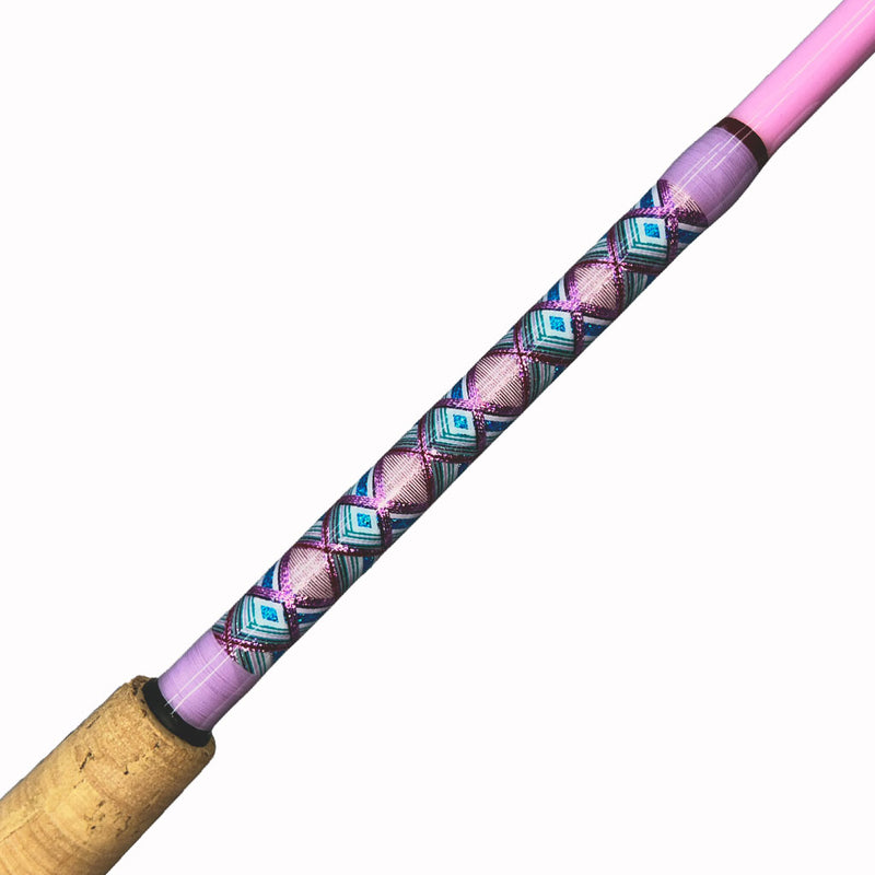 Load image into Gallery viewer, #80 Limited Edition 7&#39;0&quot; 10-17lb Heavy Inshore Rod. Partial cork grip shown. Butt wrap photo front view. Diamond pattern, Metallic pink, metallic magenta, metallic blue, metallic teal, white and red. Painted pink blank. 
