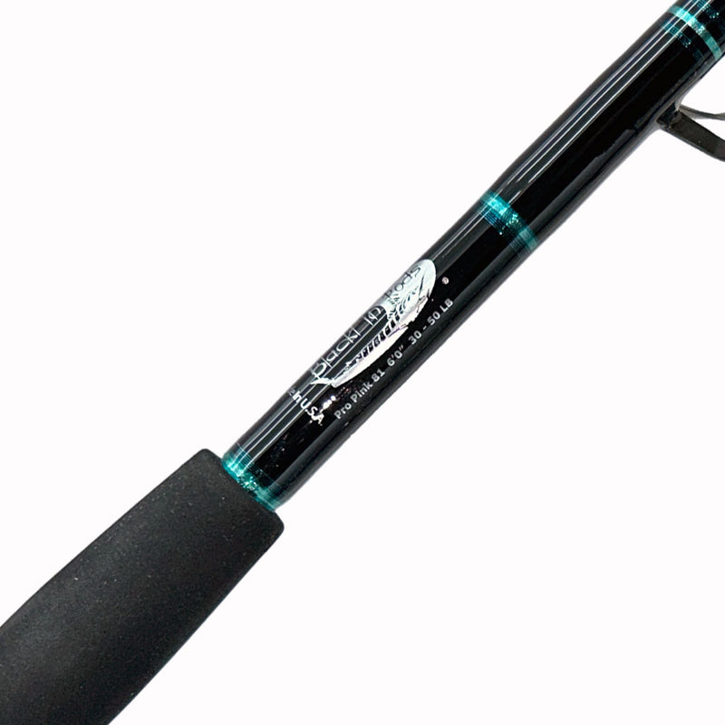 Load image into Gallery viewer, #81 Limited Edition ProPink #081 6&#39;0&quot; 30-50lb Rod. ProPink specs and blackfin label in silver, black and teal trims, partial foam grip shown. 
