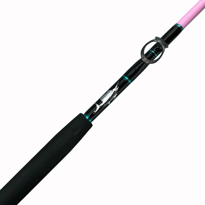 Load image into Gallery viewer, #81 Limited Edition ProPink #081 6&#39;0&quot; 30-50lb Rod. First bottom eyelet, Silver sailfish logo, black and teal trims, painted pink blank, and partial foam grip shown.
