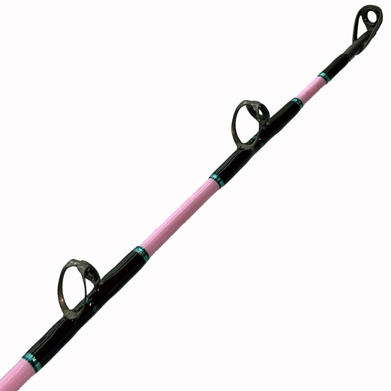 Load image into Gallery viewer, #81 Limited Edition ProPink #081 6&#39;0&quot; 30-50lb Rod. Top and first two eyelets photo. Painted pink blank, black and teal trims.
