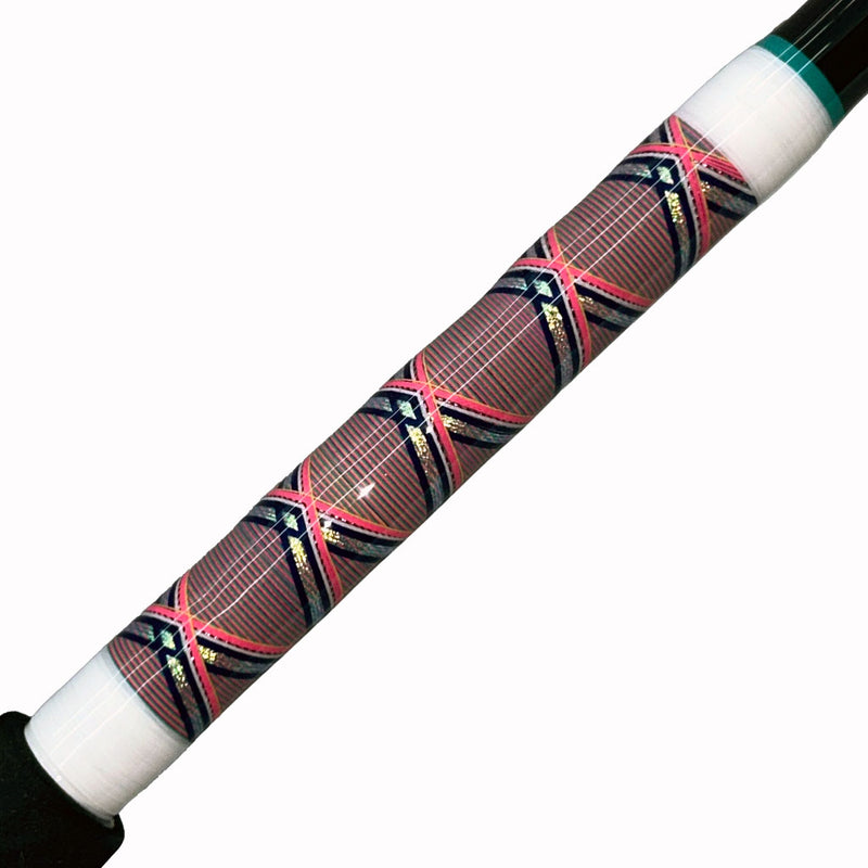 Load image into Gallery viewer, #87 Limited Edition 30lb Spin Fishing Rod. Diamond pattern butt wrap. Teal trims, wrap colors are white, bright pink, gray, black, and iridescent white. 
