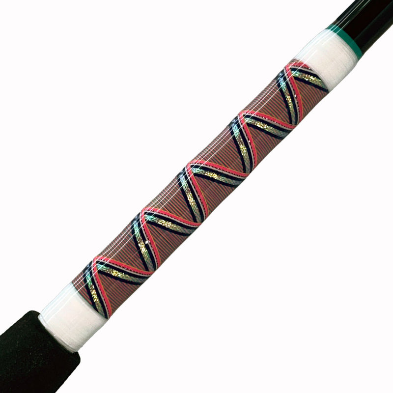 Load image into Gallery viewer, #87 Limited Edition 30lb Spin Fishing Rod. Side view of butt wrap. Teal trims, wrap colors are white, bright pink, gray, black, and iridescent white.
