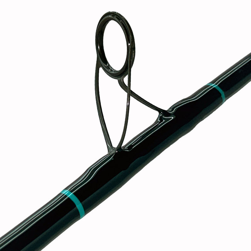 Load image into Gallery viewer, #87 Limited Edition 30lb Spin Fishing Rod. Bottom eyelet is shown. All black blank, with teal trims.

