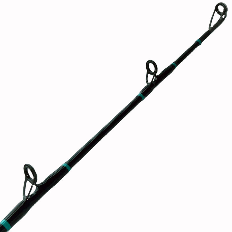 Load image into Gallery viewer, #87 Limited Edition 30lb Spin Fishing Rod. Top and two guides are shown. All black blank, with teal trims.
