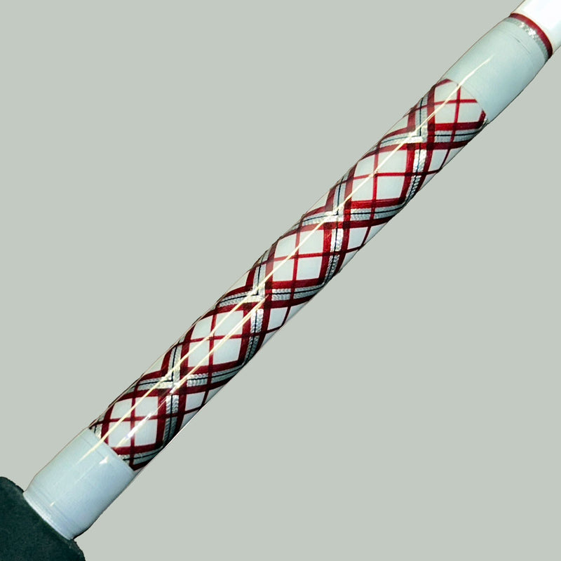 Load image into Gallery viewer, #89 Limited Edition Fin 179 Teaser Rod. Butt wrap is diamond pattern. Colors are red, cool gray, silver, white and black. The blank is painted white. 
