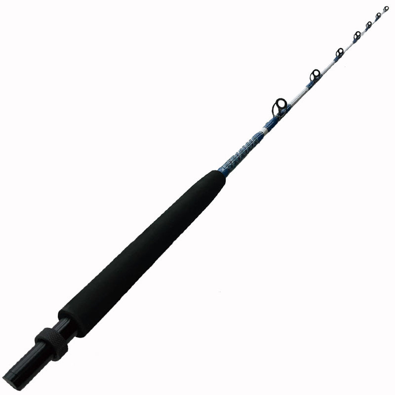 Load image into Gallery viewer, Full rod shown. Limited Edition 20lb Pitch Fishing Rod (Blade Only)  Painted white blank Frosted gray heavy duty guides SIN top M-H 10-17lb blank TTF: 60&quot; Abalone inlays in butt and guide wrap Size #1 AFTCO Collet and Ferrule Butt not included
