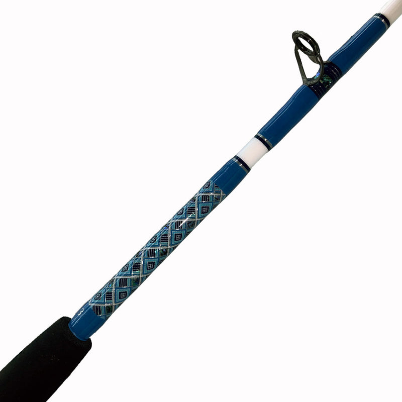 Load image into Gallery viewer, Butt wrap and Eyelet shown. Limited Edition 20lb Pitch Fishing Rod (Blade Only)  Painted white blank Frosted gray heavy duty guides SIN top M-H 10-17lb blank TTF: 60&quot; Abalone inlays in butt and guide wrap Size #1 AFTCO Collet and Ferrule Butt not included
