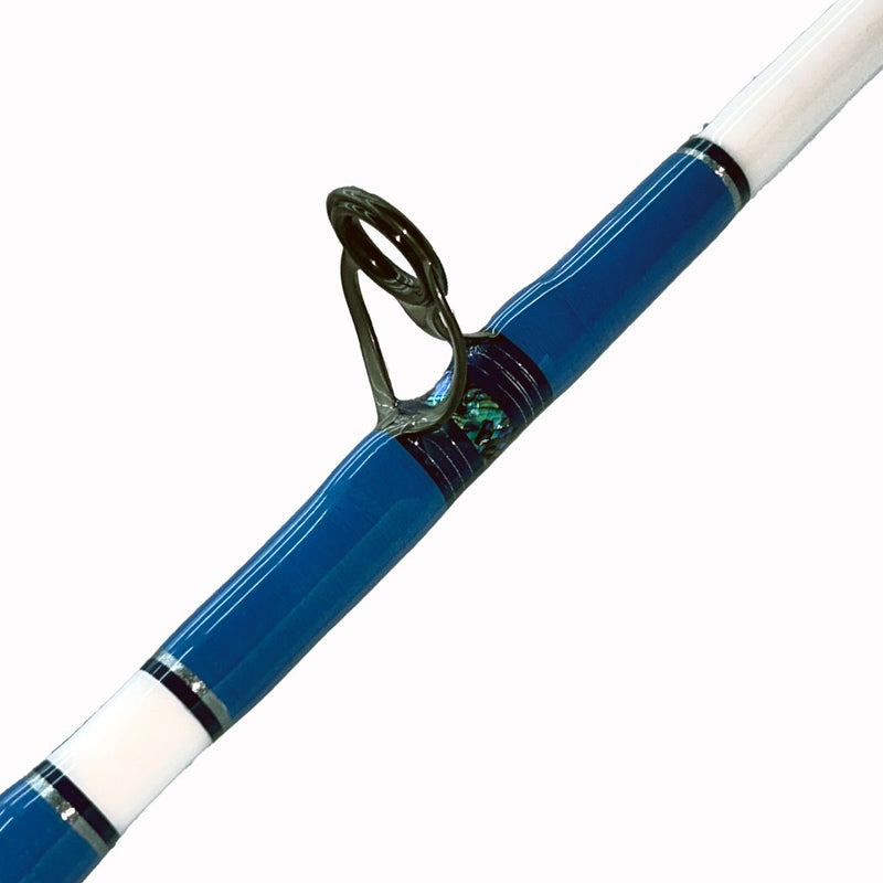 Load image into Gallery viewer, First Eyelet, Blue, Black, and Silver trims. Abalone blue inlay. Limited Edition 20lb Pitch Fishing Rod (Blade Only)  Painted white blank Frosted gray heavy duty guides SIN top M-H 10-17lb blank TTF: 60&quot; Abalone inlays in butt and guide wrap Size #1 AFTCO Collet and Ferrule Butt not included
