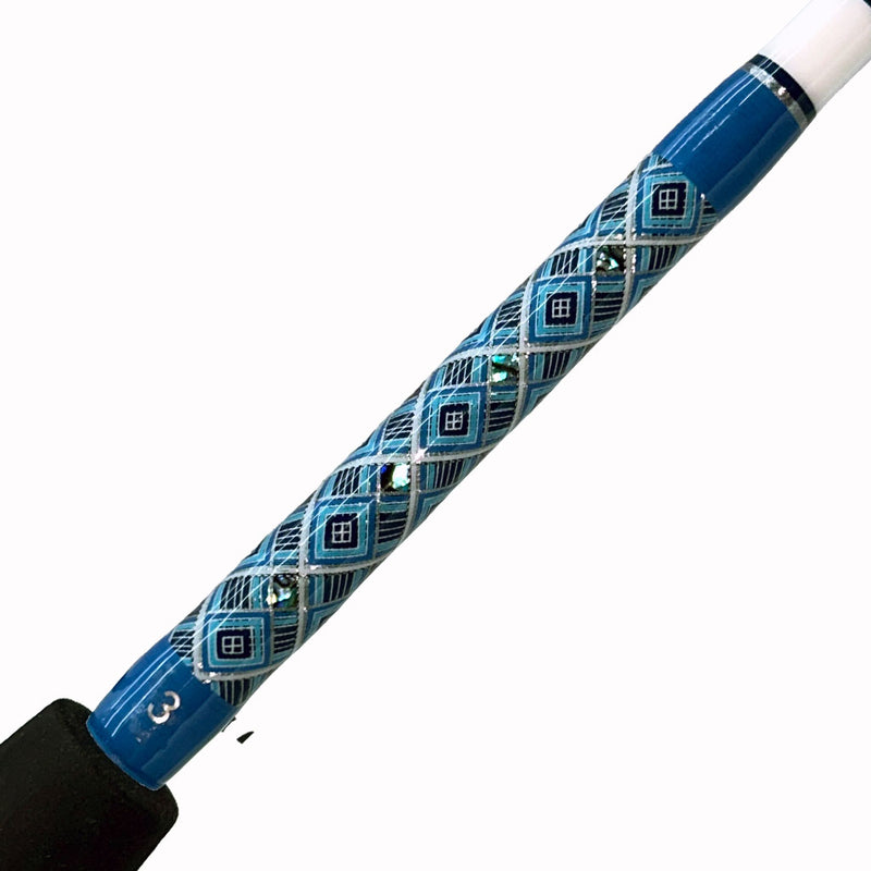 Load image into Gallery viewer, Butt wrap: Blue, light blue, black and silver in diamond pattern. Limited Edition 20lb Pitch Fishing Rod (Blade Only)  Painted white blank Frosted gray heavy duty guides SIN top M-H 10-17lb blank TTF: 60&quot; Abalone inlays in butt and guide wrap Size #1 AFTCO Collet and Ferrule Butt not included
