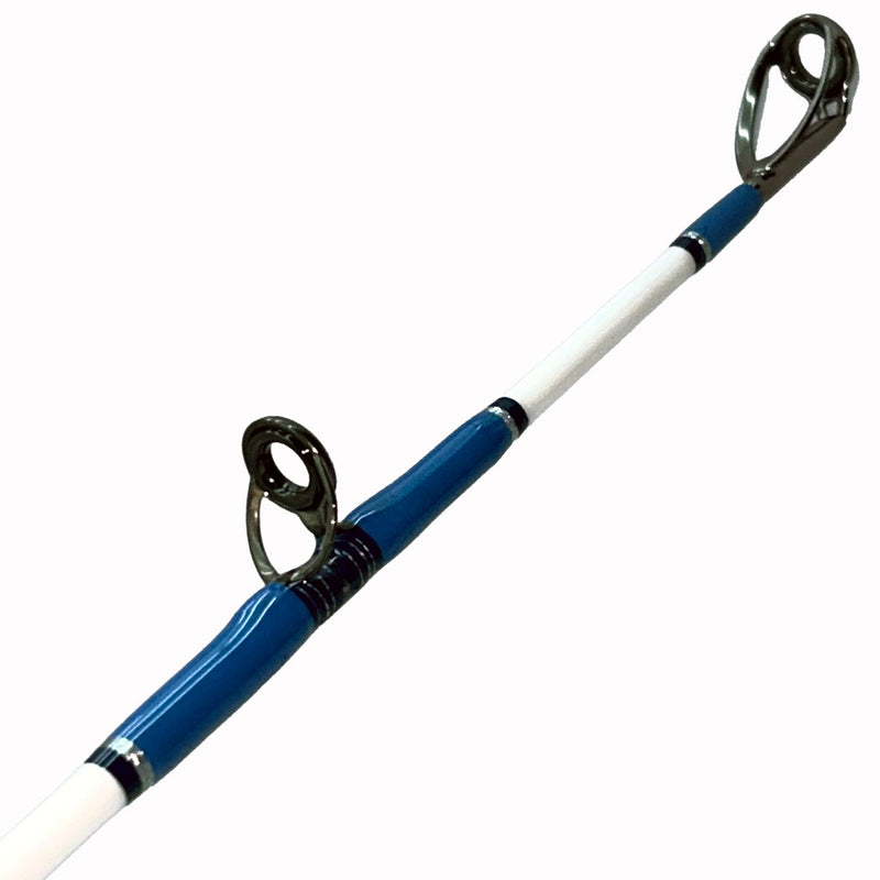 Load image into Gallery viewer, Top and eyelet. Limited Edition 20lb Pitch Fishing Rod (Blade Only)  Painted white blank Frosted gray heavy duty guides SIN top M-H 10-17lb blank TTF: 60&quot; Abalone inlays in butt and guide wrap Size #1 AFTCO Collet and Ferrule Butt not included
