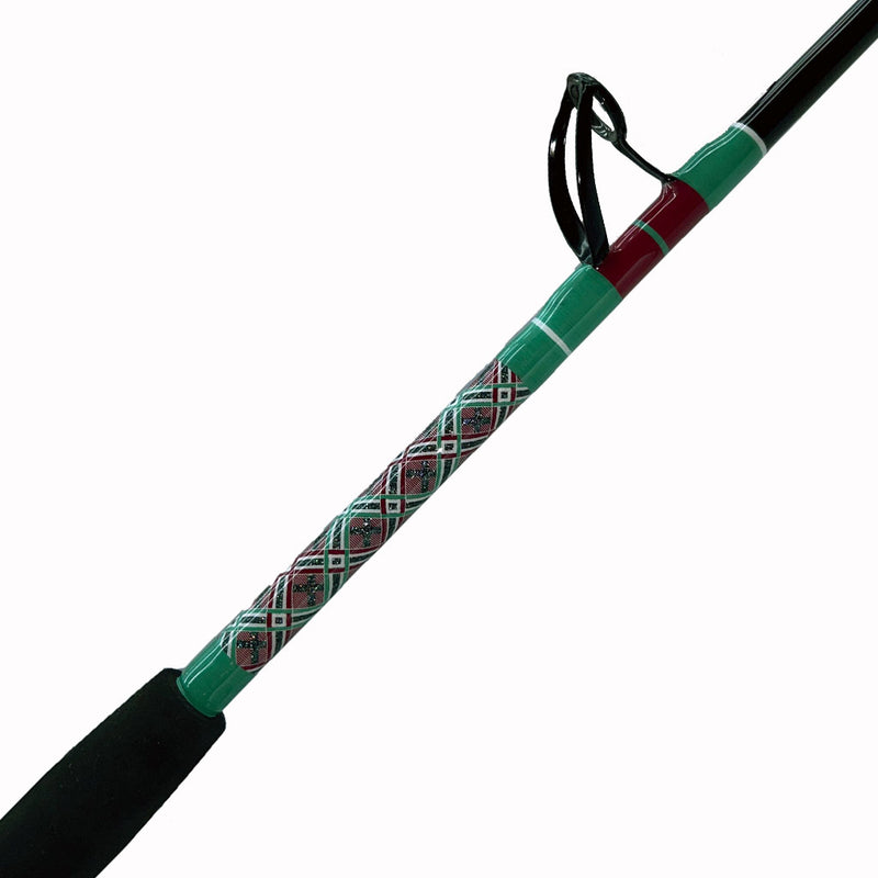 Load image into Gallery viewer, Butt wrap, diamond pattern, green, white, red and sparkle green. Limited Edition 50lb Wire Line Fishing Rod (Blade Only) TTF 49 1/2&quot; Size 2 AFTCO Collet and Ferrule All Black SIN Fuji Guides EVA Grip AFTCO Size #16 Swivel Top Butt not included
