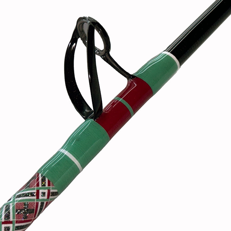 Load image into Gallery viewer, First eyelet shown. Red, green, and white. Limited Edition 50lb Wire Line Fishing Rod (Blade Only) TTF 49 1/2&quot; Size 2 AFTCO Collet and Ferrule All Black SIN Fuji Guides EVA Grip AFTCO Size #16 Swivel Top Butt not included
