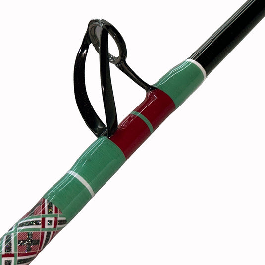 First eyelet shown. Red, green, and white. Limited Edition 50lb Wire Line Fishing Rod (Blade Only) TTF 49 1/2" Size 2 AFTCO Collet and Ferrule All Black SIN Fuji Guides EVA Grip AFTCO Size