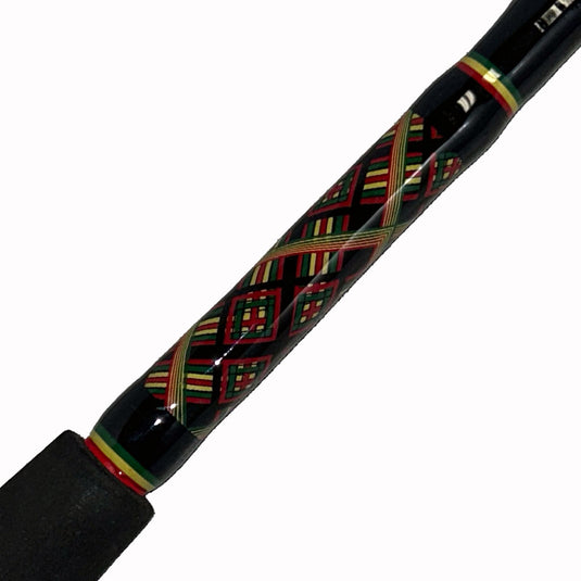 Diamond pattern Rasta wrap. Red, yellow and green trims. 