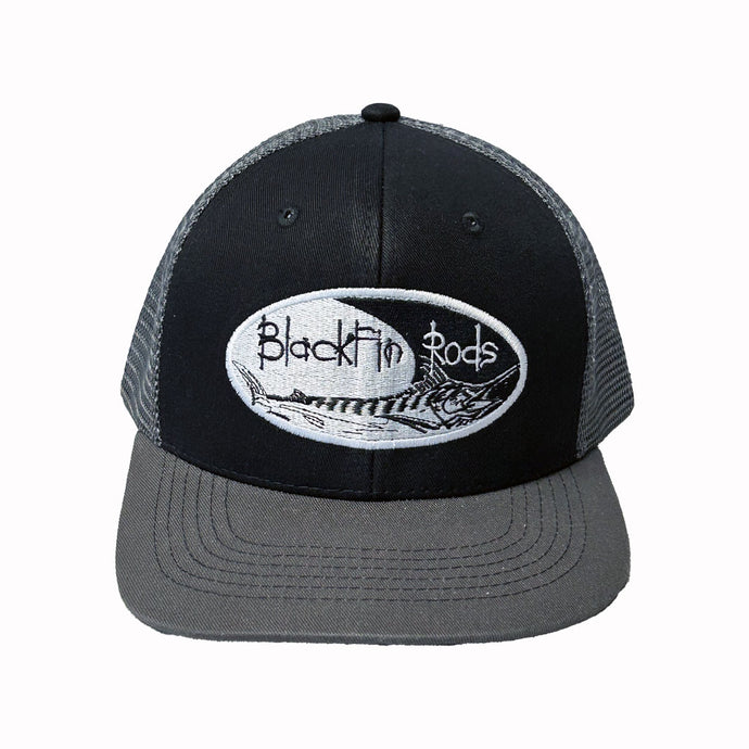 Black and Dark Gray Trucker hat, White and Black Blackfin Logo. Front view. 