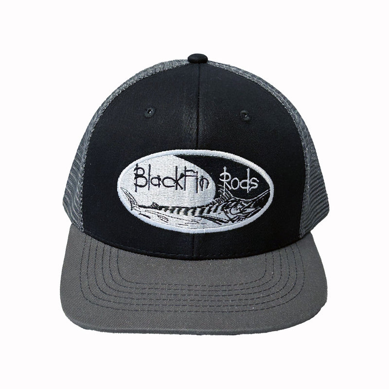 Load image into Gallery viewer, Black and Dark Gray Trucker hat, White and Black Blackfin Logo. Front view. 
