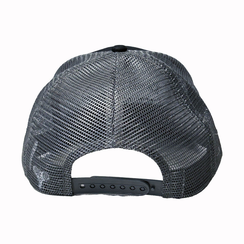 Load image into Gallery viewer, Black and Dark Gray Trucker hat, White and Black Blackfin Logo. Backside view. Adjustable back. 
