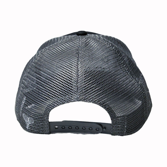 Black and Dark Gray Trucker hat, White and Black Blackfin Logo. Backside view. Adjustable back. 