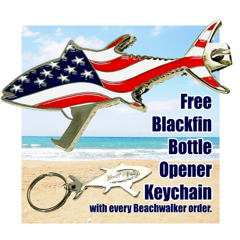 Load image into Gallery viewer, Beachwalker Key Chain. Silver Tuna shape, front has American Flag, back has Blackfin Logo engraved.
