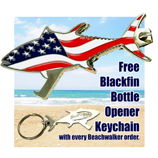 Beachwalker Key Chain. Silver Tuna shape, front has American Flag, back has Blackfin Logo engraved.