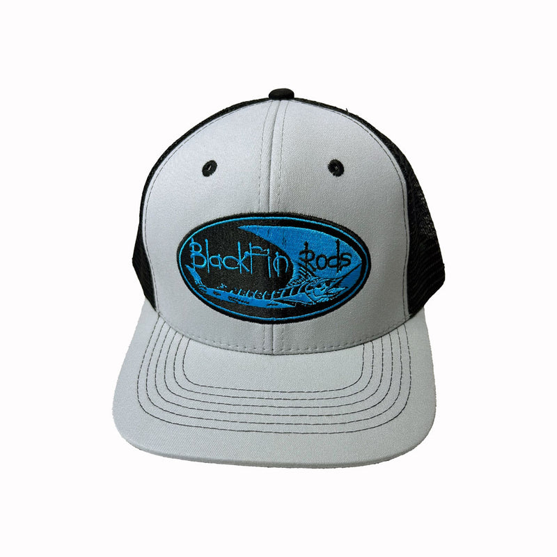 Load image into Gallery viewer, Light Gray and Black Trucker hat. Teal and black Blackfin Logo. Front View. 
