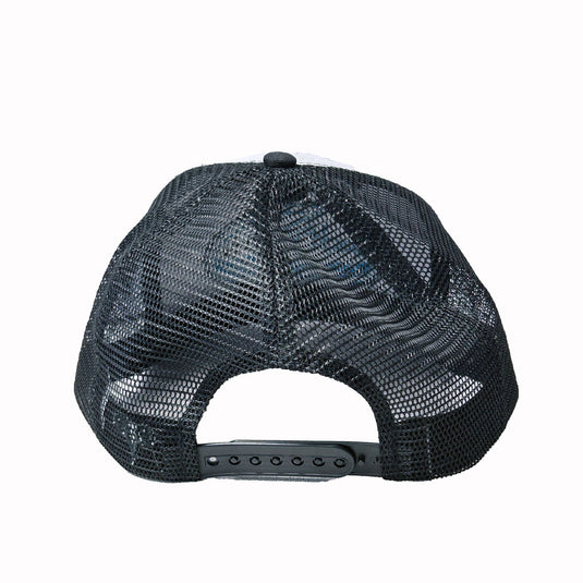 Light Gray and Black Trucker hat. Teal and black Blackfin Logo. Backside view. Adjustable backing. 