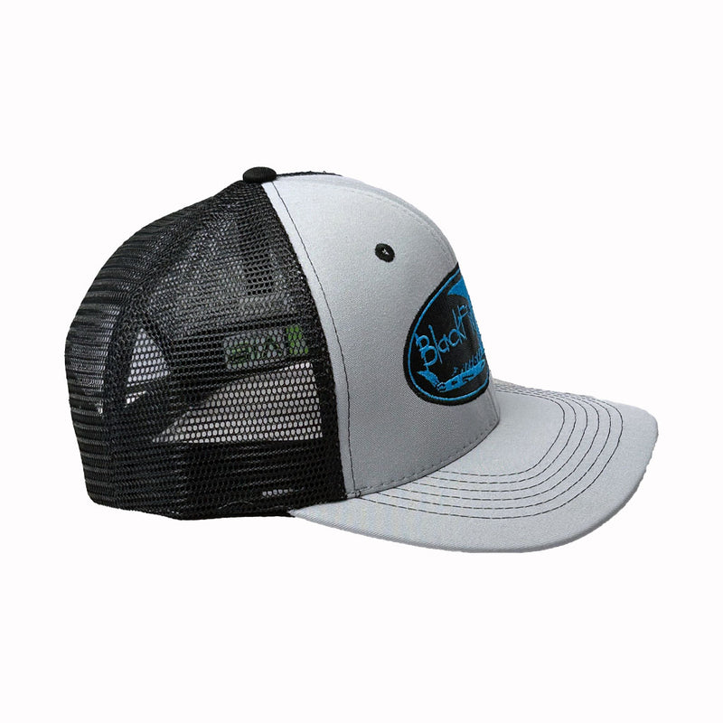 Load image into Gallery viewer, Light Gray and Black Trucker hat. Teal and black Blackfin Logo. Side view. 
