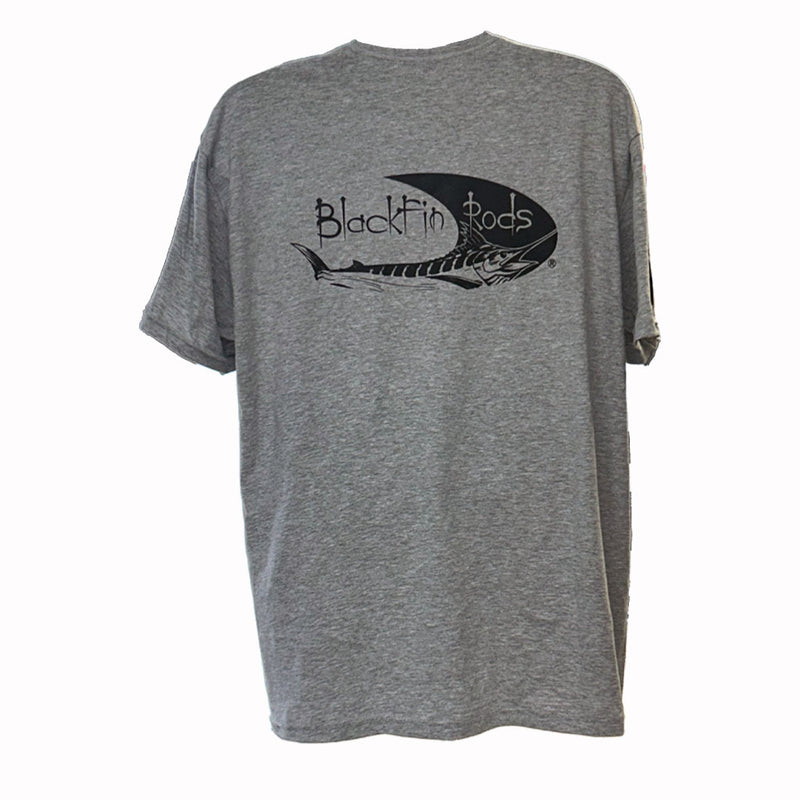 Load image into Gallery viewer, Blackfin Shirt Heather Gray Back Side. Large Logo on back. 
