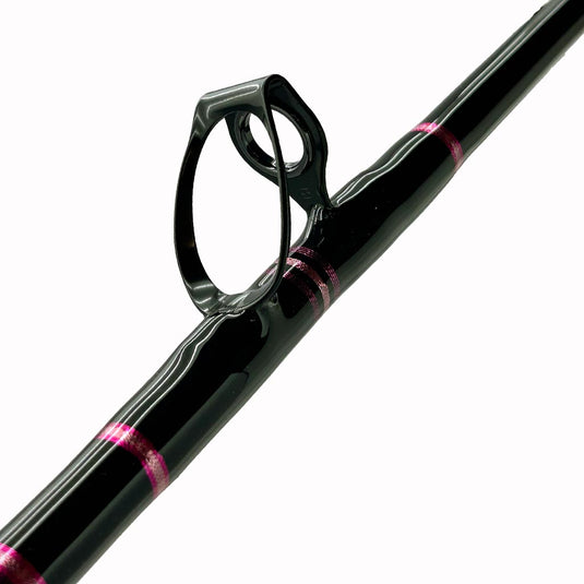 New look, same Pro Pink! First bottom guide showing. Hot and light metallic pink trims. Black blank.