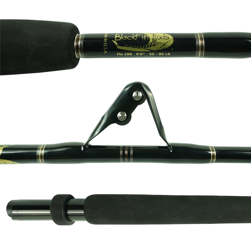 Load image into Gallery viewer, fin 156Blackfin Rods Fin 156 Fishing Rod 5&#39;6&quot; Rod 50-80lb Line Weight Stand Up Rod 100% E-Glass blank Aftco Short straight Black  Unibutt Aftco Roller Guides Fast Action Targeted Species: Tuna
