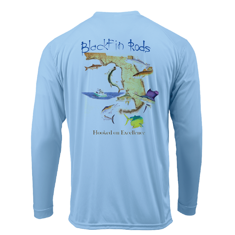 Load image into Gallery viewer, Two sided, Dri-fit, UPF 50, long sleeve surf shirt with Blackfin logo on front and Florida map on back. Blue back
